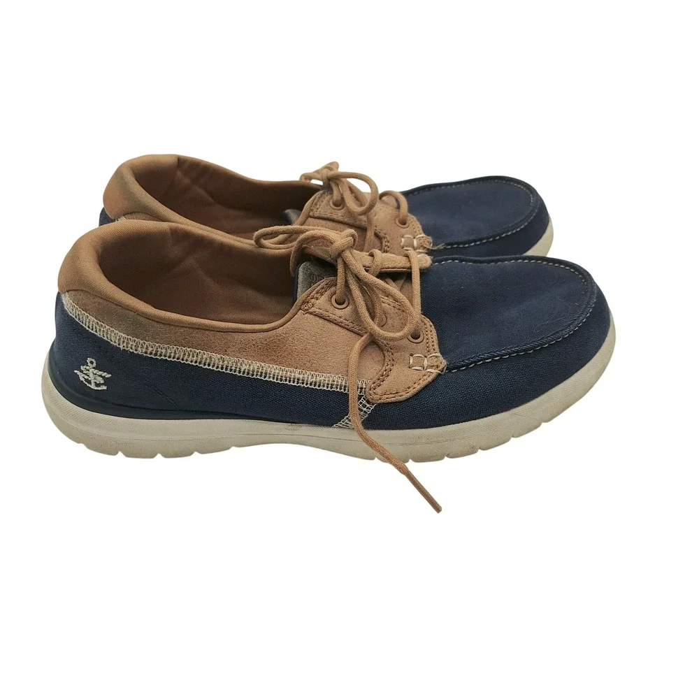 Skechers GoStep Lite Navy Tan Boat Shoes Loafers 136451 Womens 7.5